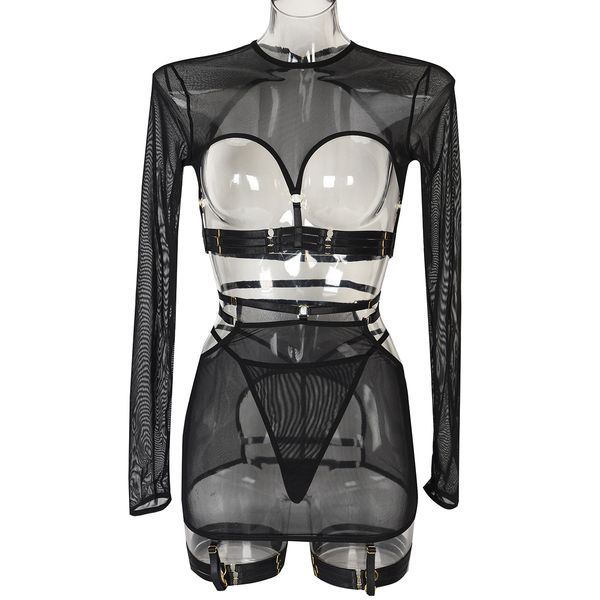 fun lingerie 5-piece set with hollow out straps, personalized long sleeved with leg loops, Black;white
fun lingerie 5-piece set with hollow out straps, personalized long sleeved with leg loops, Black;white