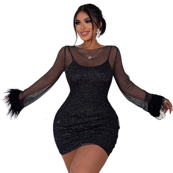 women party dresses nightclub fashion evening dress mesh shiny bodycon mini dress feather long sleeve, White;black
women party dresses nightclub fashion evening dress mesh shiny bodycon mini dress feather long sleeve, White;black