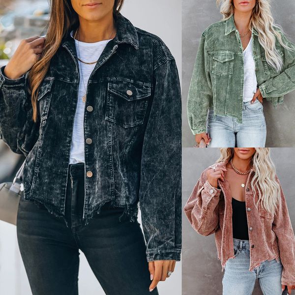 hoodies cross border autumn and winter europe and america loose corduroy wash used coat women's pocket irregular edge jacket, Black
hoodies cross border autumn and winter europe and america loose corduroy wash used coat women's pocket irregular edge jacket, Black