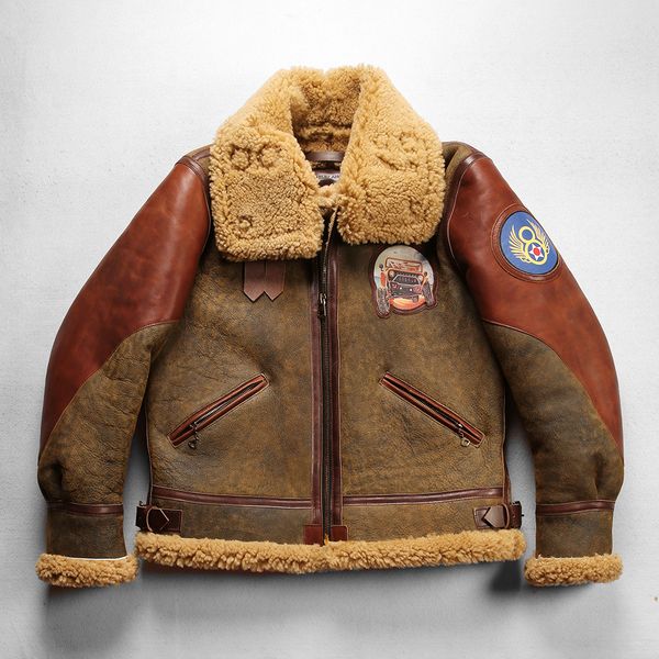 brown retro genuine leather flight jacket sheepskin b3 fur double face men garments re-washed vintage lapel neck, Black
brown retro genuine leather flight jacket sheepskin b3 fur double face men garments re-washed vintage lapel neck, Black