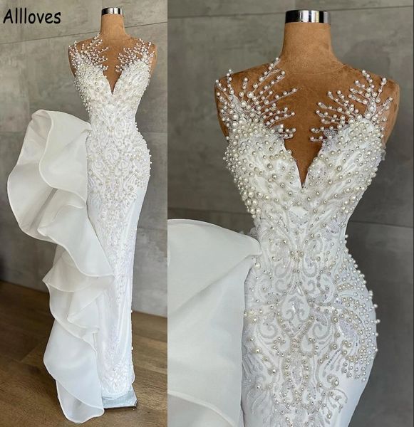 gorgeous pearls beaded mermaid wedding dresses elegant sheer neck ruffles peplum arabic aso ebi bridal gowns brides trumpet second reception, White
gorgeous pearls beaded mermaid wedding dresses elegant sheer neck ruffles peplum arabic aso ebi bridal gowns brides trumpet second reception, White