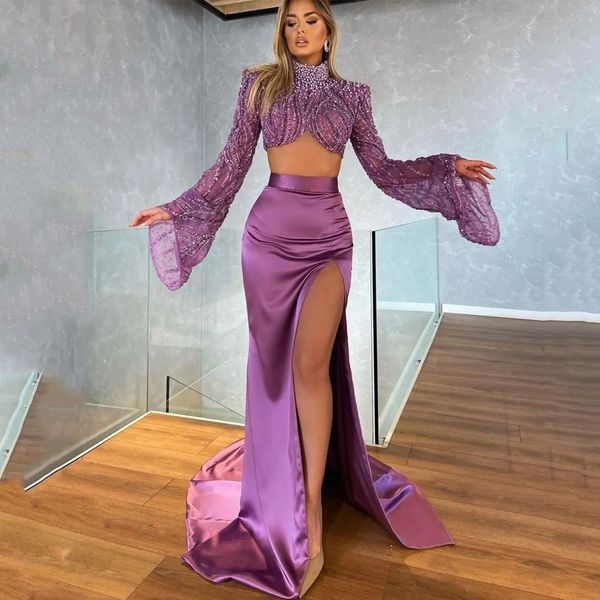 2 pcs luxury purple prom dresses lace beaded high split party dresses long sleeves custom made evening dress, Black;red
2 pcs luxury purple prom dresses lace beaded high split party dresses long sleeves custom made evening dress, Black;red