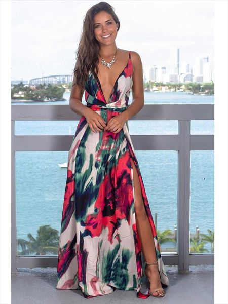 summer womens v-neck casual dresses exposed back split printed beach maxi dress, Black;gray
summer womens v-neck casual dresses exposed back split printed beach maxi dress, Black;gray