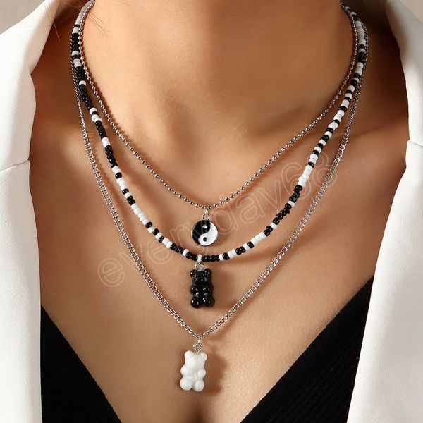 fashion black white beads multi-layers round pendant necklace for women cute bear necklace boho jewelry, Silver
fashion black white beads multi-layers round pendant necklace for women cute bear necklace boho jewelry, Silver