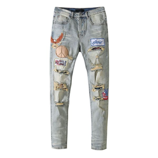 men's jeans male designer denim pants casual all-match hole ripped embroidered patch jean pants, Blue
men's jeans male designer denim pants casual all-match hole ripped embroidered patch jean pants, Blue