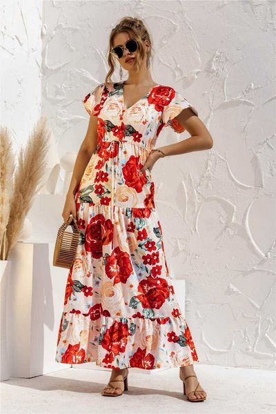 spring and summer dress short sleeve v-neck flower print lace-up button long, Black;gray
spring and summer dress short sleeve v-neck flower print lace-up button long, Black;gray