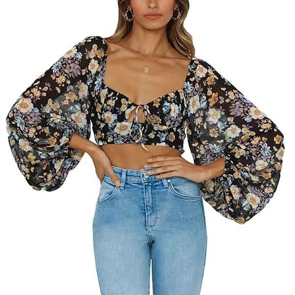 spring and summer pullover square neck shirt blouse print belly bare long sleeve for women, White
spring and summer pullover square neck shirt blouse print belly bare long sleeve for women, White