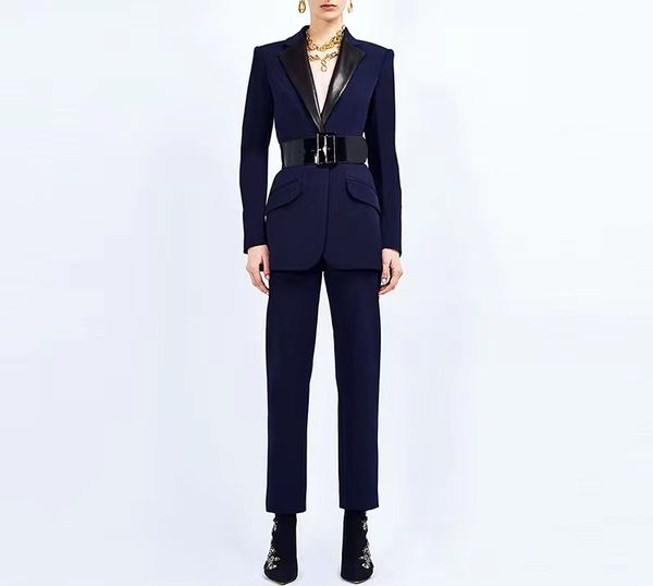 high-quality office lady classic suits pu collar stitching belt blazer and pants, White;black
high-quality office lady classic suits pu collar stitching belt blazer and pants, White;black