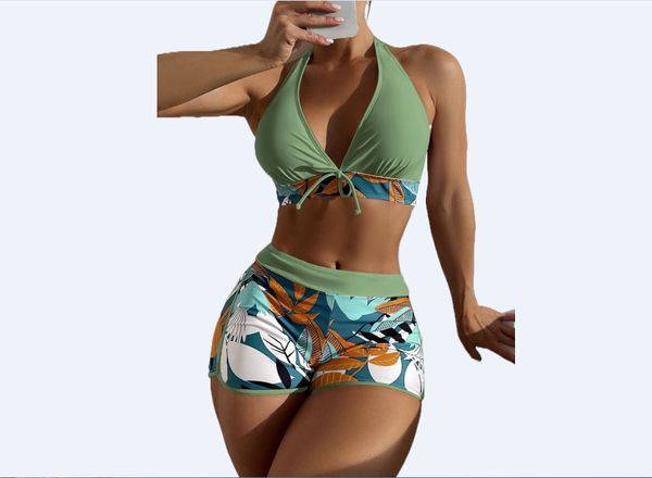 european and american swimsuit women's split high waist boxer tie printed solid color stitching swimsuit, White;black
european and american swimsuit women's split high waist boxer tie printed solid color stitching swimsuit, White;black