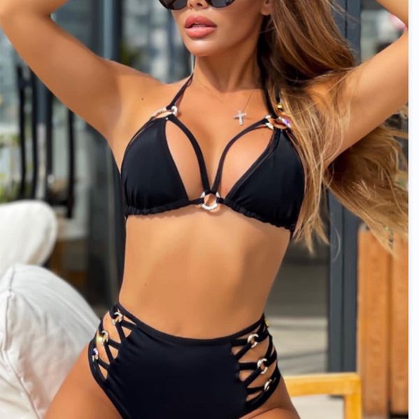 women new 2023 two piece bikini pure black color hardware swimwear qj1427 summer hollow out sporty beach suit holiday swimsuit, White;black
women new 2023 two piece bikini pure black color hardware swimwear qj1427 summer hollow out sporty beach suit holiday swimsuit, White;black
