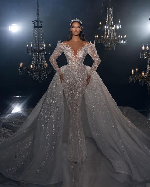 shiny mermaid wedding dresses illusion lace bridal gown custom made beaded crystal with detachable train wedding gowns, White
shiny mermaid wedding dresses illusion lace bridal gown custom made beaded crystal with detachable train wedding gowns, White
