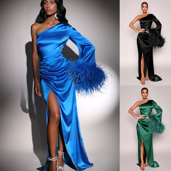 glamorous prom dresses mermaid one sleeve with feather soft satin special design solid color backless high split zipper court gown formal go, Black
glamorous prom dresses mermaid one sleeve with feather soft satin special design solid color backless high split zipper court gown formal go, Black