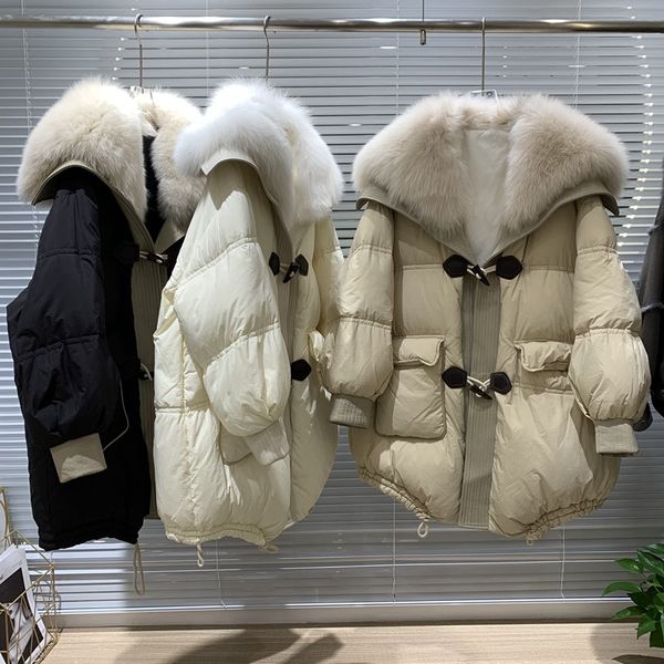 winter fox hair white goose down coat cow horn buckle medium long fur pie clip overcome coat large size windproof warm, Black
winter fox hair white goose down coat cow horn buckle medium long fur pie clip overcome coat large size windproof warm, Black