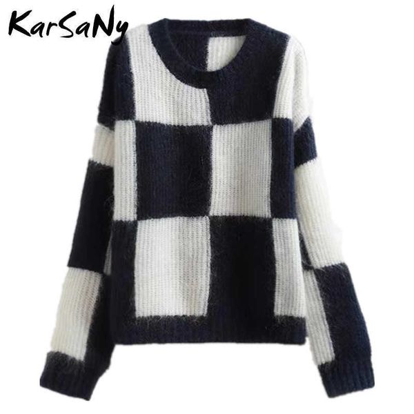 women's sweaters faux mink women 2021 winter black and white plaid jumpers soft loose pullovers thick oversize sweater 221224, White;black
women's sweaters faux mink women 2021 winter black and white plaid jumpers soft loose pullovers thick oversize sweater 221224, White;black
