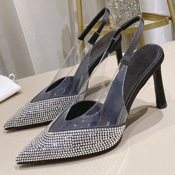 womens high heel slingback shoes spring summer crystal sandal pointed toe slip on, Black
womens high heel slingback shoes spring summer crystal sandal pointed toe slip on, Black