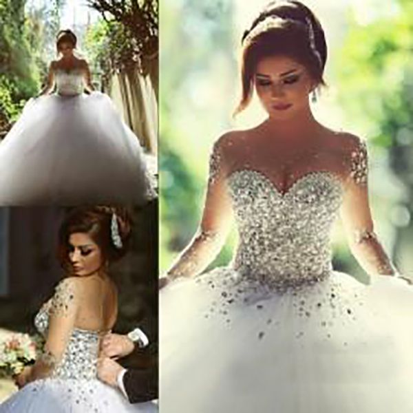 luxurious rhinestones crystal ball gown wedding dresses vintage o neck long sleeves backless plus size floor-length bridal gowns, White
luxurious rhinestones crystal ball gown wedding dresses vintage o neck long sleeves backless plus size floor-length bridal gowns, White