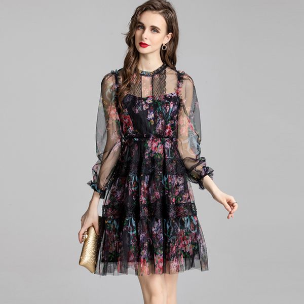 women's runway dresses o neck ruffles long sleeves printed fashion high street short dress vestidos, Black
women's runway dresses o neck ruffles long sleeves printed fashion high street short dress vestidos, Black