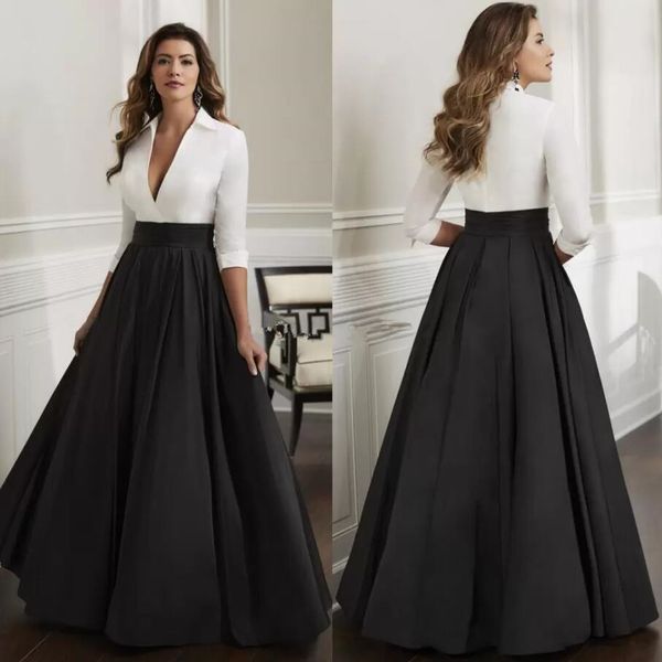 black white long sleeve mother's dresses 2023 stain deep v neck pleated prom formal mother of the bride groom gown, Black;red
black white long sleeve mother's dresses 2023 stain deep v neck pleated prom formal mother of the bride groom gown, Black;red