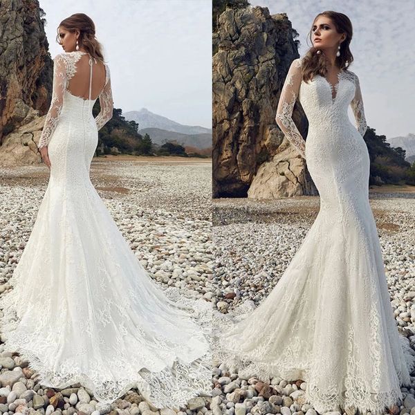 real beach mermaid wedding dress classic bride gown vestido de noiva pure love lace appliques cut-out v neck full sleeve, White
real beach mermaid wedding dress classic bride gown vestido de noiva pure love lace appliques cut-out v neck full sleeve, White