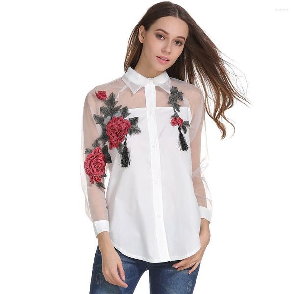 women's blouses chic embroidery floral chiffon blouse women tulle patchwork long sleeve office lady elegant shirt, White
women's blouses chic embroidery floral chiffon blouse women tulle patchwork long sleeve office lady elegant shirt, White