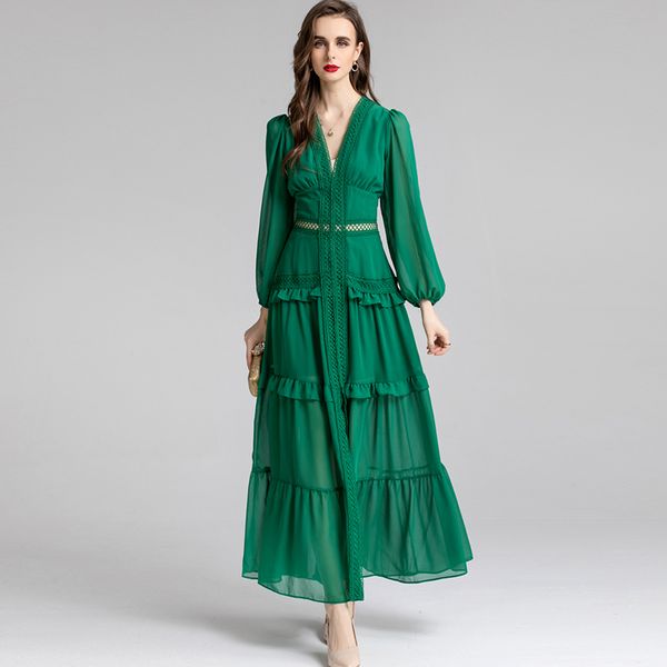 women's runway dresses v neck long lantern sleeves hollow out ruffles elegant fashion party prom gown, Black
women's runway dresses v neck long lantern sleeves hollow out ruffles elegant fashion party prom gown, Black