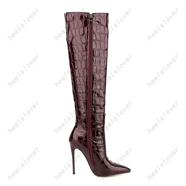 Heelslover Handmade Women Winter Knee Boots Stiletto Heels Pointed Toes Gorgeous Wine Red Prom Shoes Ladies US Size 5-13