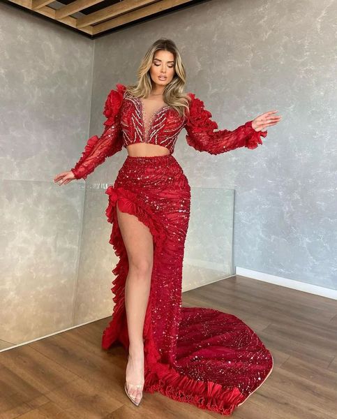 red mermaid prom dresses long sleeves v neck 2 pieces appliques sequins sparkly beaded floor length side slit lace hollow evening formal dre, Black
red mermaid prom dresses long sleeves v neck 2 pieces appliques sequins sparkly beaded floor length side slit lace hollow evening formal dre, Black