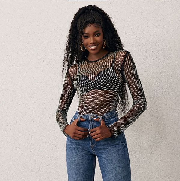 women's t-shirt rhinestone fishnet female nightclub tight spice girl long-sleeved t-shirt, White
women's t-shirt rhinestone fishnet female nightclub tight spice girl long-sleeved t-shirt, White