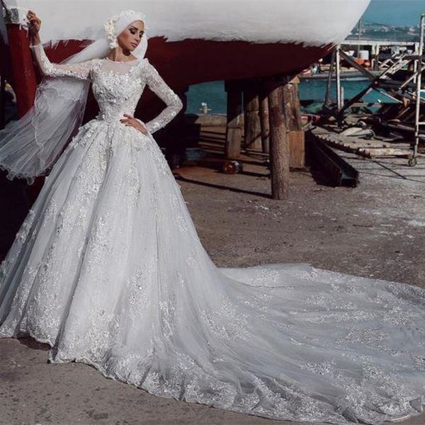 2023 luxury muslim a-line wedding dresses cathedral train long sleeves lace applique ivory tulle bridal gowns jewel neck gorgeous gelinlik i, White
2023 luxury muslim a-line wedding dresses cathedral train long sleeves lace applique ivory tulle bridal gowns jewel neck gorgeous gelinlik i, White