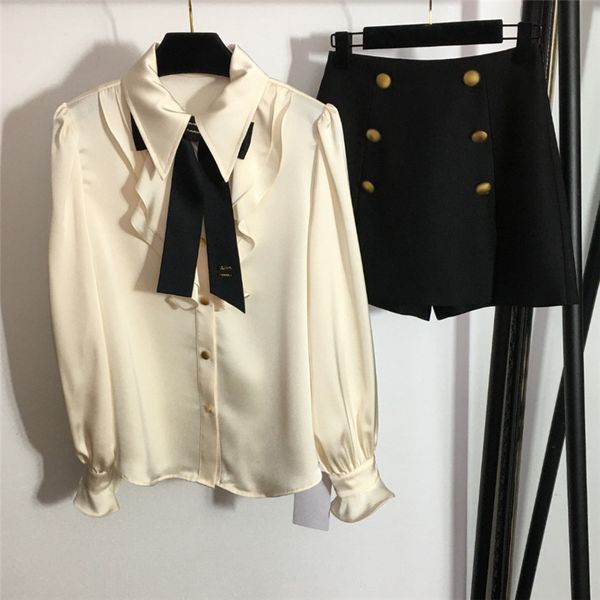 bowknot ruffle collar shirts for women lapel long sleeve blouses shirt high waist shorts two piece sets, White
bowknot ruffle collar shirts for women lapel long sleeve blouses shirt high waist shorts two piece sets, White