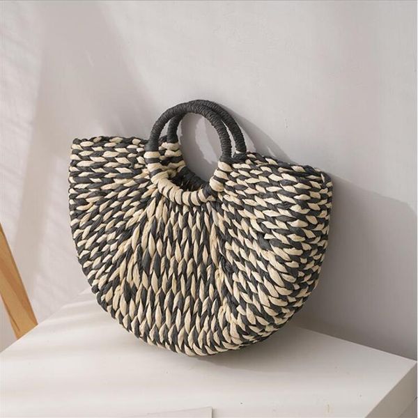 new round bucket semicircle straw bag handmade pure color woven basket rattan handbag278c