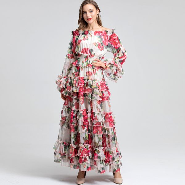 women's dresses slash neckline long sleeves floral printed tiered ruffles elegant fashion designer party prom gown, Black
women's dresses slash neckline long sleeves floral printed tiered ruffles elegant fashion designer party prom gown, Black