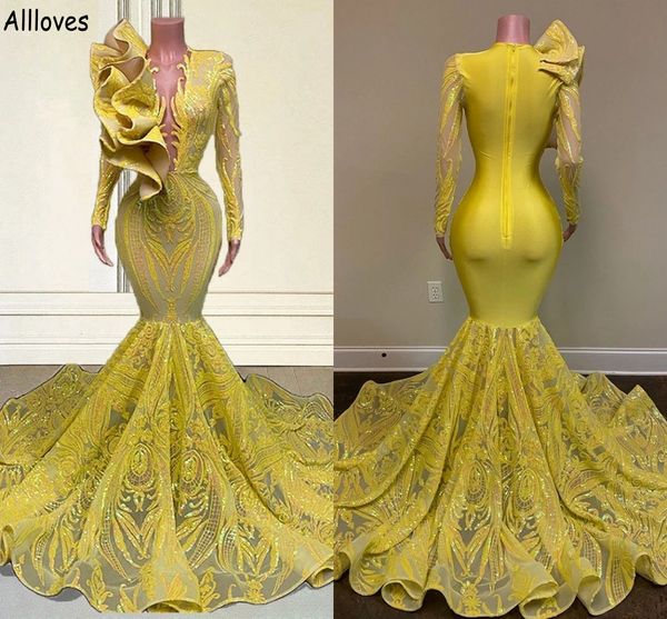 gorgeous yellow sequined lace prom dresses with long sleeves plunging v neck formal evening party gowns mermaid ruffles aso ebi second recep, Black
gorgeous yellow sequined lace prom dresses with long sleeves plunging v neck formal evening party gowns mermaid ruffles aso ebi second recep, Black