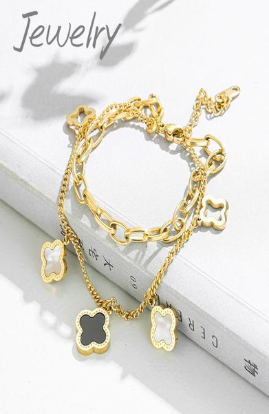 handmade double layered clover charm bracelet jewelry for gift5207120, Golden;silver