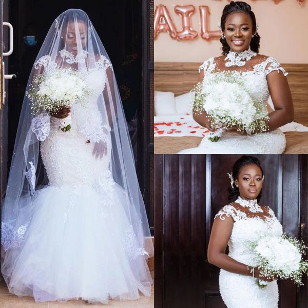 2023 designer high neck mermaid wedding dresses bridal gown lace applique cap sleeves pearls beaded custom made sweep train vestidos de novi, White
2023 designer high neck mermaid wedding dresses bridal gown lace applique cap sleeves pearls beaded custom made sweep train vestidos de novi, White