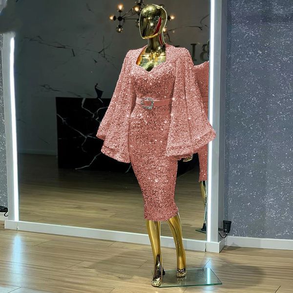 elegant mermaid evening night dresses 2023 sweetheart sequin velvet flared sleeves tea length formal prom party gowns with belt, Black;red
elegant mermaid evening night dresses 2023 sweetheart sequin velvet flared sleeves tea length formal prom party gowns with belt, Black;red