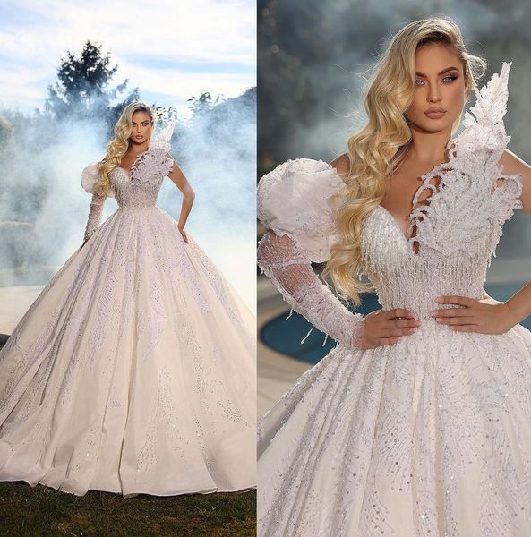 modest one shoulder wedding dress v neck lace bridal gowns tassels sequined graceful robe de mariee, White
modest one shoulder wedding dress v neck lace bridal gowns tassels sequined graceful robe de mariee, White