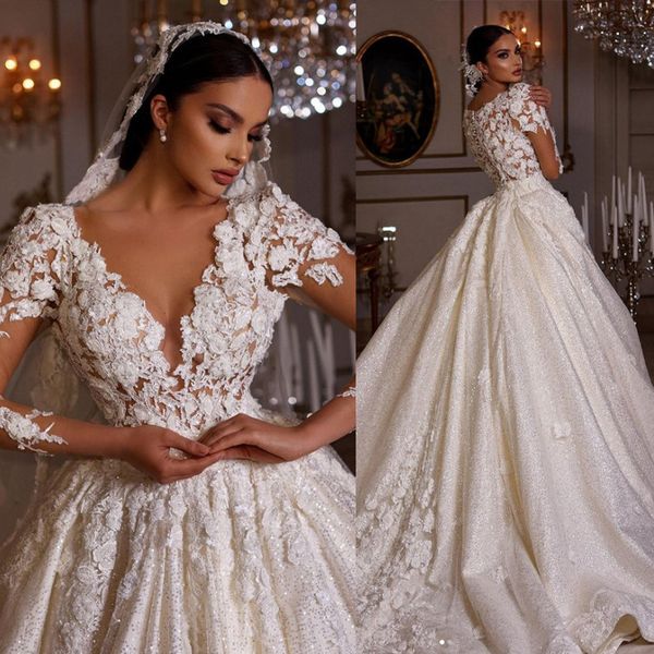 glamorous ball gown wedding dresses v-neck lace long sleeves 3d-floral applicants sequins organza chapel gown custom made plus side vestidos, White
glamorous ball gown wedding dresses v-neck lace long sleeves 3d-floral applicants sequins organza chapel gown custom made plus side vestidos, White