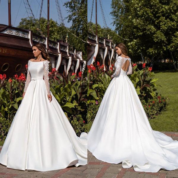elegant a-line wedding dresses bateau satin long lace sleeves with applicants design on waist court gown dress custom made plus size bridal, White
elegant a-line wedding dresses bateau satin long lace sleeves with applicants design on waist court gown dress custom made plus size bridal, White