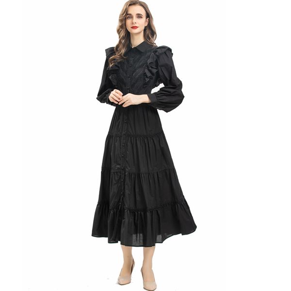 women's dresses turn down collar long sleeves embroidery hollow out high street vestidos, Black
women's dresses turn down collar long sleeves embroidery hollow out high street vestidos, Black