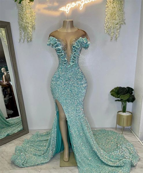sparkly lake blue o neck long prom dresses black girls sequined evening gowns ruffles formal dress beaded high slit robe de
sparkly lake blue o neck long prom dresses black girls sequined evening gowns ruffles formal dress beaded high slit robe de