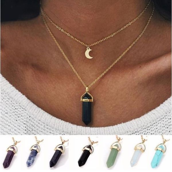 hexagonal chakras stone pendants crystal bullet shape gemstone pendant necklaces pointed quartz stone double layer chain necklace, Silver
hexagonal chakras stone pendants crystal bullet shape gemstone pendant necklaces pointed quartz stone double layer chain necklace, Silver