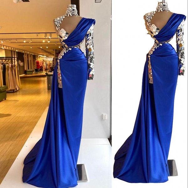 2023 arabic prom dresses luxurious beaded crystals royal blue high neck illusion evening dress sheath one shoulder split mermaid formal part, Black
2023 arabic prom dresses luxurious beaded crystals royal blue high neck illusion evening dress sheath one shoulder split mermaid formal part, Black