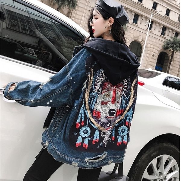 ladies denim jacket spring and autumn heavy duty embroidered sequins hooded casual loose denim jacket drop t190909, Black;brown
ladies denim jacket spring and autumn heavy duty embroidered sequins hooded casual loose denim jacket drop t190909, Black;brown
