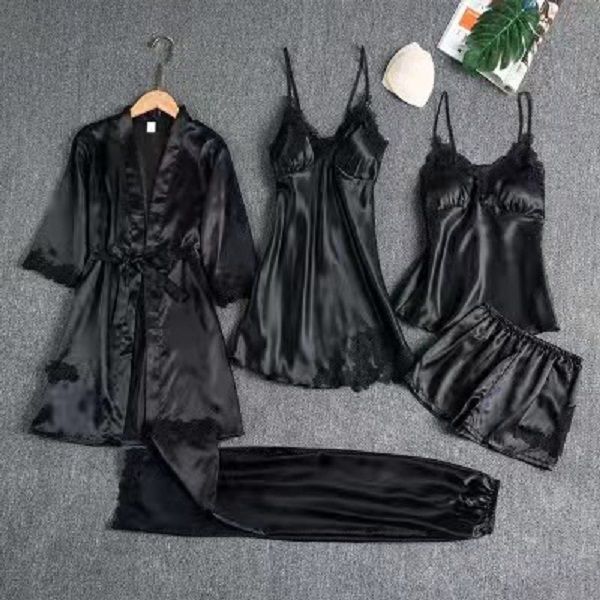 satin pajama set women sleepwear 5pcs kimono robe gown pour femme lace trim intimate lingerie loungewear v-neck bathrobe suit, Black;red
satin pajama set women sleepwear 5pcs kimono robe gown pour femme lace trim intimate lingerie loungewear v-neck bathrobe suit, Black;red