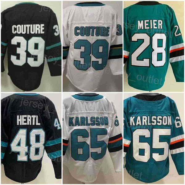 Image of Reverse Retro Hockey Jersey 65 Erik Karlsson 28 Timo Meier 39 Logan Couture 48 Tomas Hertl Team Black Green White Color All Stitched for Sport Fans Good/high