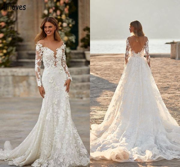 floral lace appliqued mermaid wedding dresses with detachable train long sleeves modest boho garden bridal gowns beach open back brides robe, White
floral lace appliqued mermaid wedding dresses with detachable train long sleeves modest boho garden bridal gowns beach open back brides robe, White