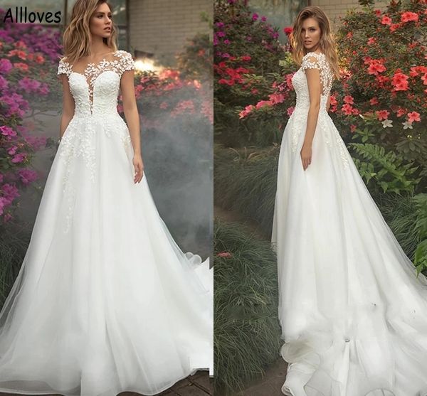 boho lace appliqued a line wedding dresses for bride ivory tulle jewel neck cap sleeves bridal gowns sweep train buttons back plus size gard, White
boho lace appliqued a line wedding dresses for bride ivory tulle jewel neck cap sleeves bridal gowns sweep train buttons back plus size gard, White
