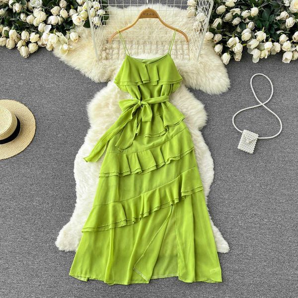 seaside tourism holiday style super fairy sweet temperament chiffon dress lace waist ruffle long skirt, Black;gray 
seaside tourism holiday style super fairy sweet temperament chiffon dress lace waist ruffle long skirt, Black;gray