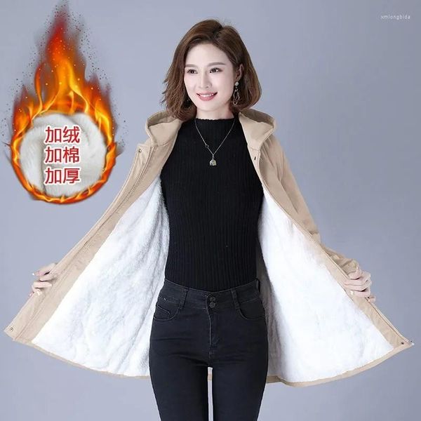 women's trench coats plus velvet thick padded jackets 2022 mid-long autumn winter casual women windbreaker solid female, Tan;black 
women's trench coats plus velvet thick padded jackets 2022 mid-long autumn winter casual women windbreaker solid female, Tan;black